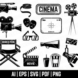 Cinema design elements, camera, light, director chair Svg, Ai, Eps, Pdf. popcorn,3d glasses Silhouette Cricut Cutting Files Download