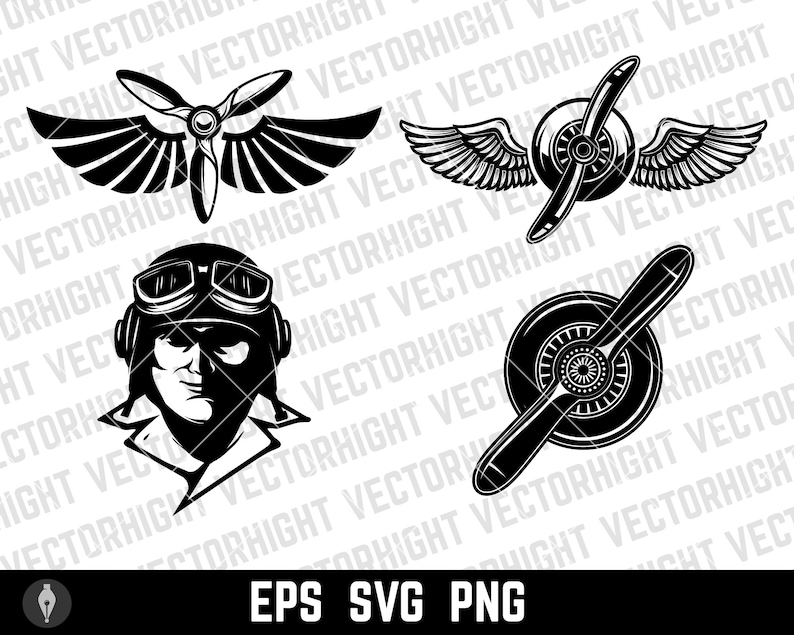 Puede incluir: Un conjunto de cuatro ilustraciones vectoriales en blanco y negro de un piloto, una h&eacute;lice y alas. Las ilustraciones son de estilo vintage.