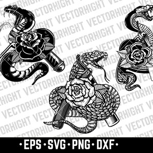 May include: Black and white illustration of three snakes wrapped around straight razors with roses. The snakes are in a coiled position with their heads facing forward. The roses are in full bloom with petals.