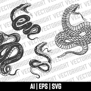 May include: Black and white illustrations of snakes in various coiled and striking poses. The snakes have open mouths, showing their fangs. The image includes the text "AI | EPS | SVG".