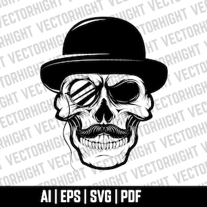 Gentleman Skull mit Brille und Hut. Gentleman Skull mit Schnurrbärten Svg, Eps, Ai, Pdf Digitale Download-Dateien