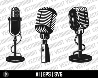 Microphone Design Elements, Retro Microphone Vector, Microphone Ai, Eps, Svg. Microphone Clipart Digital Download File