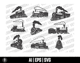 Retro Train Clipart, Choo Choo Train Vector, Train Eps, Svg, Ai. Steam Locomotive Vector Digital Download File