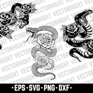 Peut inclure: Trois illustrations en noir et blanc de serpents enroulés autour de roses. Les serpents sont stylisés et ont un style de tatouage traditionnel. Les roses sont détaillées et ont un aspect réaliste.