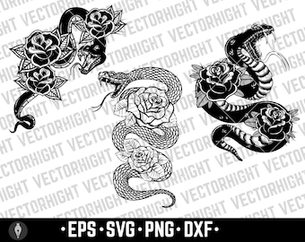 Schlange und Rosen, Cobra-Vektor, Viper Eps, Svg. Python Rattlesnack Cobra Silhouette, Schlange Eps Digitale Download-Datei