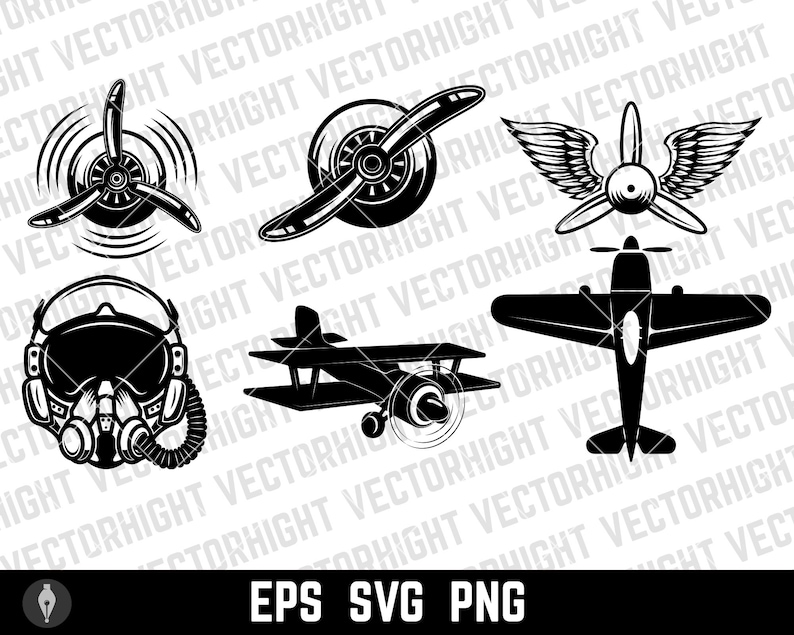 Puede incluir: Un conjunto de seis ilustraciones vectoriales en blanco y negro de aviones. Las ilustraciones incluyen una h&eacute;lice, un biplano, un avi&oacute;n de combate y un casco de piloto. Las ilustraciones son de estilo vintage.