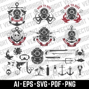 Diver Emblems Set Vector Illustration. Diving Helmet SVG, AI, EPS, png, pdf. Diving Design Elements
