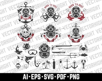 Diver Emblems Set Vector Illustration. Diving Helmet SVG, AI, EPS, png, pdf. Diving Design Elements