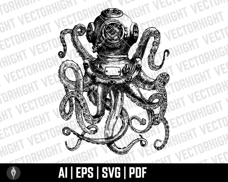 Diver Helmet With Octopus Tentacles SVG Retro Diver Helmet Etsy