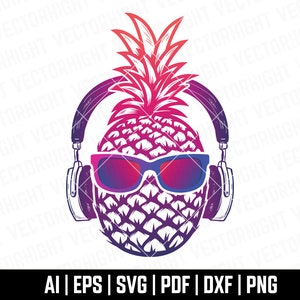 サングラスとヘッドフォン Svg のパイナップル、パイナップル ポスター Svg。サングラス付きパイナップル T シャツ、ポスター テンプレート