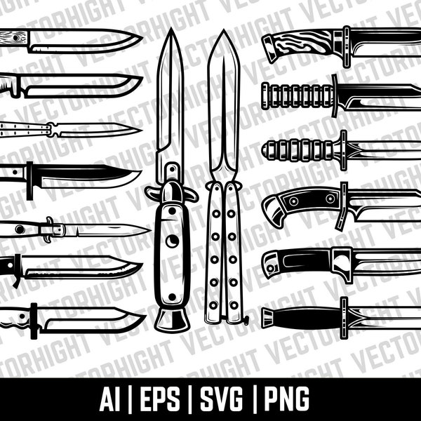 Imágenes prediseñadas de cuchillo, vector de cuchillo, cuchillo de combate Eps, Ai, Svg, PNG paquete de cuchillo archivo de descarga digital