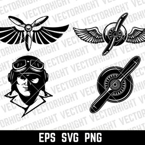 Puede incluir: Un conjunto de cuatro ilustraciones vectoriales en blanco y negro de un piloto, una h&eacute;lice y alas. Las ilustraciones son de estilo vintage.