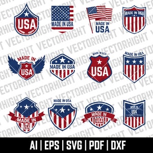 Puede incluir: Nueve diseños diferentes de insignias con temática de la bandera estadounidense con el texto "Made in USA" y "USA".