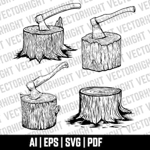 Tree Stump Clipart SVG, Stump with Ax Symbols Shape Ai, Eps, Pdf. Lumberjack industry, axe, wooden stump Symbols Bundle