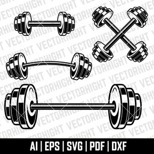 May include: Black and white vector illustrations of various barbells and dumbbells. The image includes straight barbells, a curved barbell, and dumbbells crossed over each other. The bottom of the image includes the text "AI | EPS | SVG | PDF | DXF".