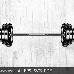 May include: A black and white illustration of a barbell with weight plates on each end. The barbell is isolated on a white background.