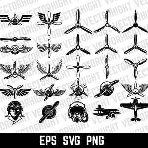 May include: A set of 20 black and white vector illustrations of aeroplane and pilot themed designs. The designs include wings, propellers, planes, and a pilot wearing a helmet and goggles.