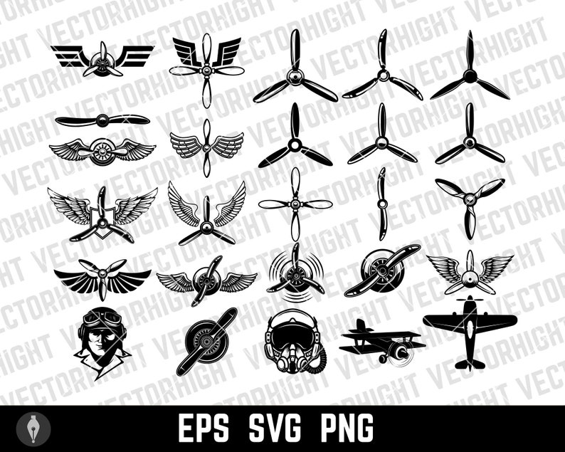 Puede incluir: Un conjunto de 20 ilustraciones vectoriales en blanco y negro con dise&ntilde;os de tem&aacute;tica de avi&oacute;n y piloto. Los dise&ntilde;os incluyen alas, h&eacute;lices, aviones y un piloto con casco y gafas.