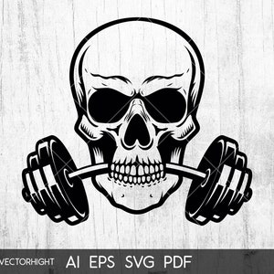 Crânio com barra SVG, Gym Skull Shape Ai, Eps, Pdf. Crânio com haltere nos dentes Cricut Files Digital Download