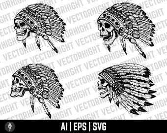 Skulls in Native American Headdresses. Indian Skull. Native American Headdress Digital Download File