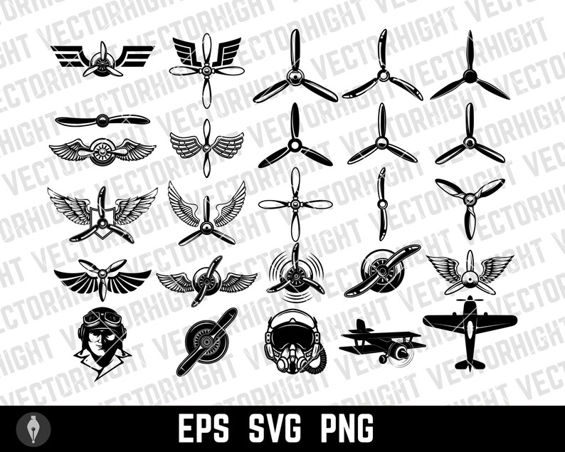 Puede incluir: Un conjunto de 20 ilustraciones vectoriales en blanco y negro con dise&ntilde;os de tem&aacute;tica de avi&oacute;n y piloto. Los dise&ntilde;os incluyen alas, h&eacute;lices, aviones y un piloto con casco y gafas.