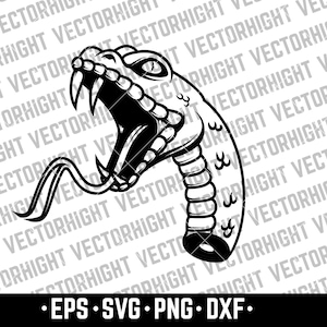 May include: A black and white graphic illustration of a snake head with an open mouth, visible fangs, and a protruding forked tongue. The design features segmented scales and bold outlines, set against a background with repeating text.