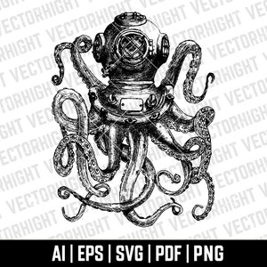 Diver helmet with octopus tentacles SVG, Retro diver helmet and octopus Shape Ai, Eps, Pdf. Retro diver helmet