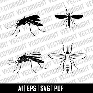 May include: Four black silhouette illustrations of mosquitos. The mosquitos are in different positions, some are flying and some are standing on their legs.