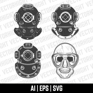 Diver Helmet Vector, Retro Diver Helmet EPS, SVG, AI, Diving Clipart Digital Download File