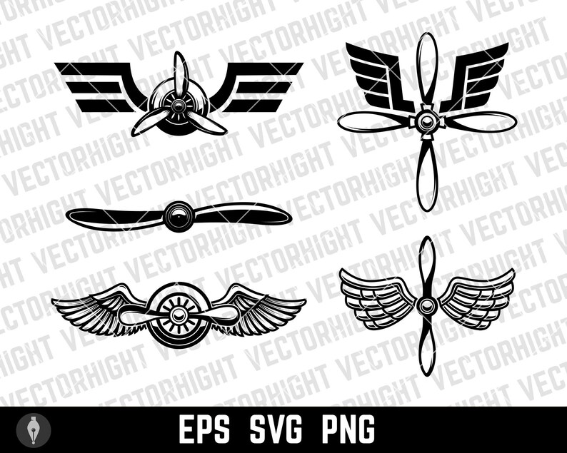 Puede incluir: Cuatro ilustraciones vectoriales en blanco y negro de h&eacute;lices de avi&oacute;n. La primera imagen muestra una h&eacute;lice con alas. La segunda imagen muestra una h&eacute;lice con alas. La tercera imagen muestra una h&eacute;lice con alas. La cuarta imagen muestra una h&eacute;lice con alas.