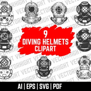 Könnte beinhalten: Neun Schwarzweiß-Illustrationen von Vintage-Tauchhelmen. Die Helme sind detailliert und handgezeichnet. Der Text "9 Diving Helmets Clipart" ist in Rot auf weißem Hintergrund geschrieben.