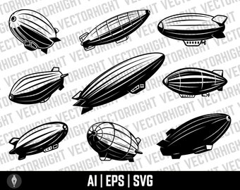 Vector de zepelín. Imágenes Prediseñadas de dirigible. Dirigible Eps, Ai, Svg. Archivo de descarga digital del paquete Zeppelin