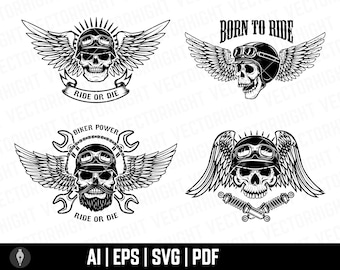 Biker Symbols Set Vector Illustration. Racer Skull SVG, AI, EPS. Retro Biker Racer Cricut Digital Download File