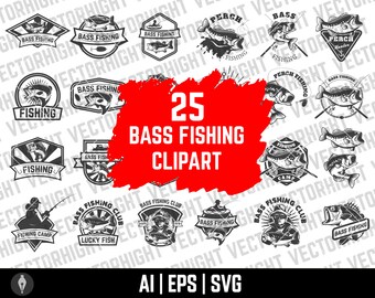 Puede incluir: Una colección de 25 diseños de imágenes prediseñadas de pesca de lubina en blanco y negro. Los diseños incluyen ilustraciones de peces, cañas de pescar y texto como "Bass Fishing" y "Fishing Camp". La imagen también incluye los tipos de archivo AI, EPS y SVG.