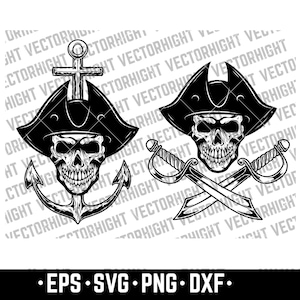 Pirate skull with anchor, Pirate Skull in Hat, Pirate Sabers, Pirate Clipart, Pirate Svg, Eps, PNG, Dxf Digital Download File