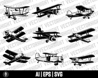 Vector de avión, avión Svg, imágenes prediseñadas de aviación, avión Ai, Eps. Archivo de descarga digital de avión retro