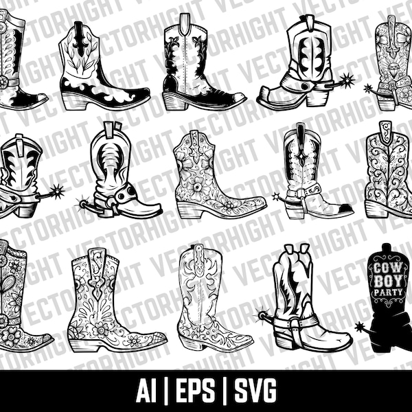 Cowboy Boots Vector Clipart, Cowboy Boots Eps, Ai, Svg. Cowboy Girl Boots Vector Digital Download File