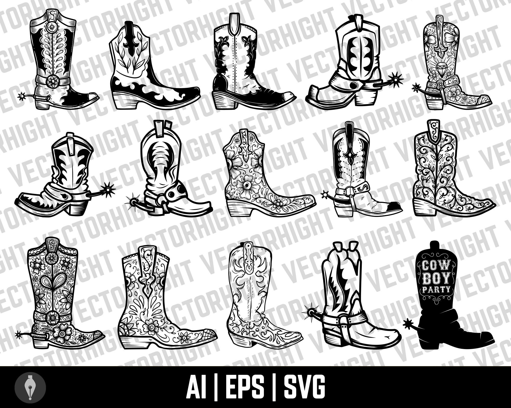 Cowboy Boots Vector Clipart Cowboy Boots Eps Ai Svg. Cowboy Etsy