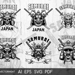 Pode incluir: Quatro ilustrações em preto e branco de guerreiros samurais com espadas cruzadas atrás de suas cabeças. Cada ilustração apresenta a palavra "Samurai" e "Japão" em uma faixa abaixo do guerreiro.