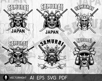 Emblems With Samurai Helmet Katana Vector Samurai Warrior Eps, Ai, Svg. Karate Japanese Samurai Digital Download File