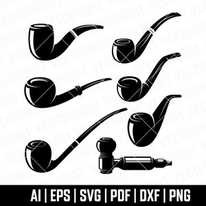 Könnte beinhalten: Ein Set aus sechs schwarzen Silhouetten von Pfeifen. Die Pfeifen sind in verschiedenen Formen und Größen, einige haben einen Kopf und andere einen Schaft.