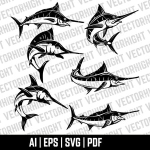 Puede incluir: Cinco ilustraciones en silueta negra y blanca de peces marlin en diferentes poses. Los marlines están mirando en diferentes direcciones y tienen sus aletas y colas extendidas.