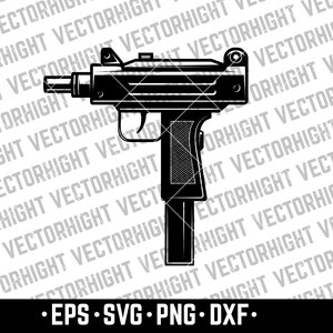 May include: Black and white graphic of a submachine gun. The image is a vector design, suitable for digital art or crafting projects. The bottom of the image includes the file types: EPS, SVG, PNG, and DXF.