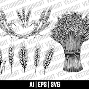 May include: A set of five black and white illustrations of wheat stalks. The illustrations are in various styles, including a wreath, a bundle, and individual stalks.