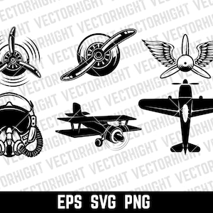 Puede incluir: Un conjunto de seis ilustraciones vectoriales en blanco y negro de aviones. Las ilustraciones incluyen una h&eacute;lice, un biplano, un avi&oacute;n de combate y un casco de piloto. Las ilustraciones son de estilo vintage.
