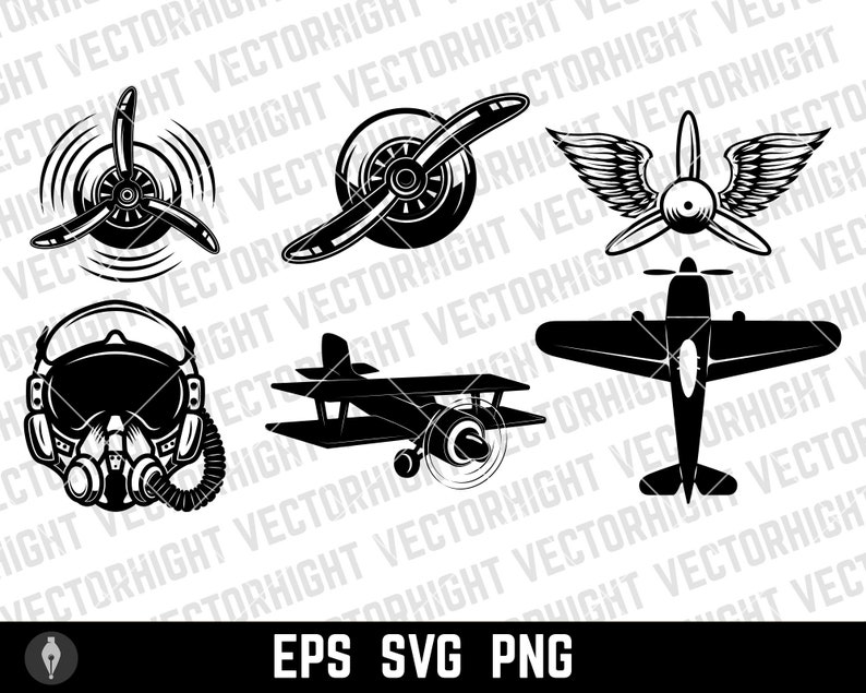 Puede incluir: Un conjunto de seis ilustraciones vectoriales en blanco y negro de aviones. Las ilustraciones incluyen una h&eacute;lice, un biplano, un avi&oacute;n de combate y un casco de piloto. Las ilustraciones son de estilo vintage.