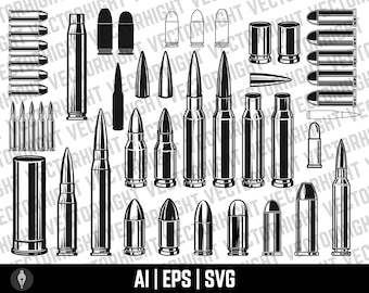 May include: A collection of black and white illustrations of various types of bullets and cartridges. The illustrations are in a vintage style and would be suitable for use in a variety of projects, such as t-shirt designs, posters, and website graphics.