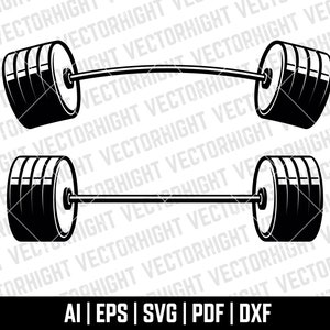 May include: Two black barbell weights with a silver barbell. The barbell is curved in the top image and straight in the bottom image.