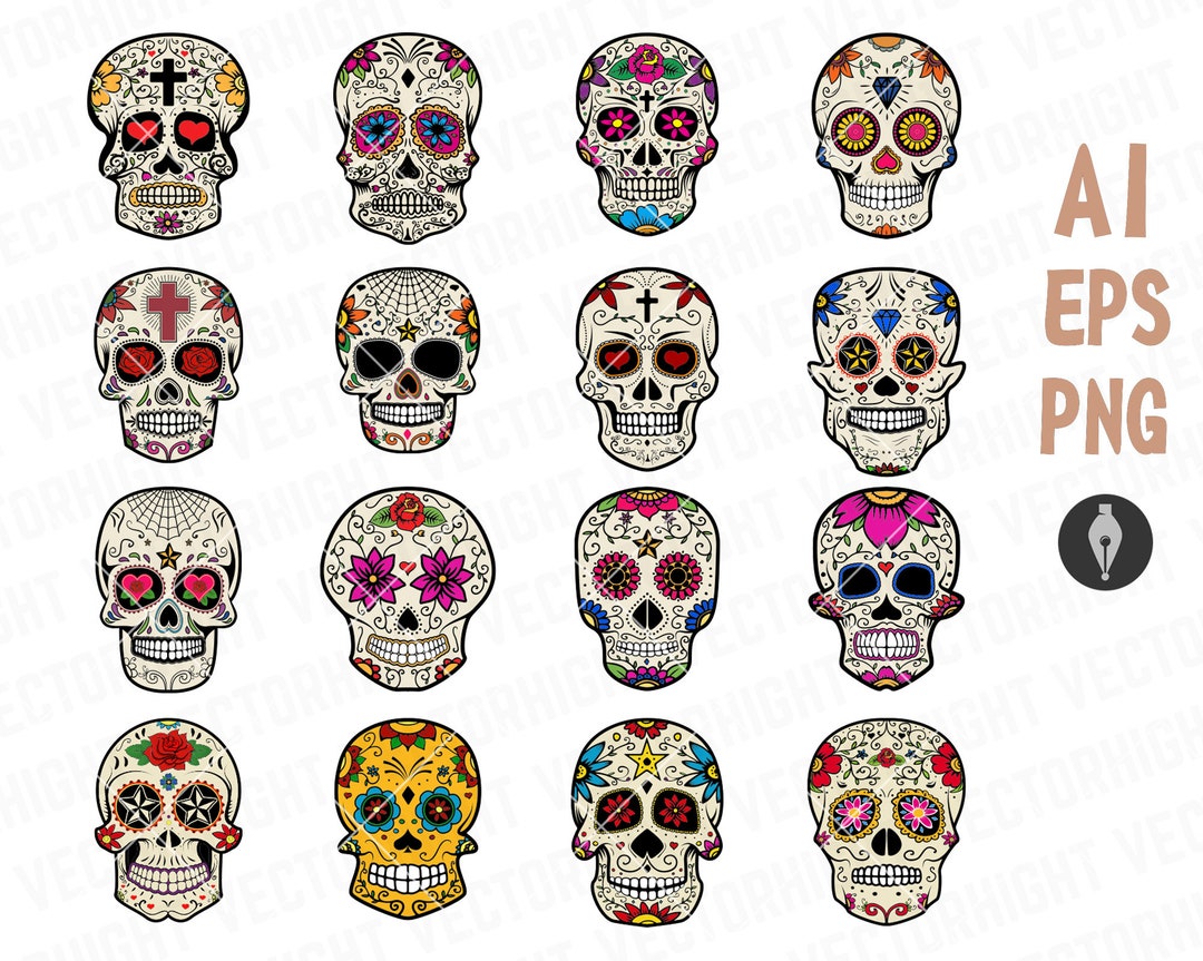 Mexican Sugar Skulls. Day of the Dead Ai, SVG, EPS. Dia De Los Muertos ...