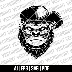 Gorilla gangster. Gorilla Ape Svg, Eps, Ai, Pdf, monochrome illustration Digital File Download